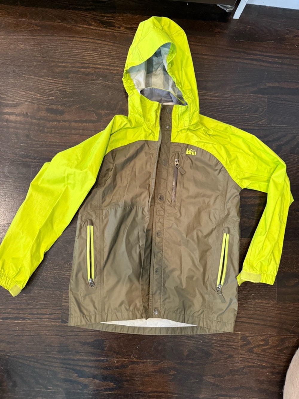 REI Med/ 10-12 Kids' Hooded Windbreaker/ Rain Jacket - Yellow & Gray